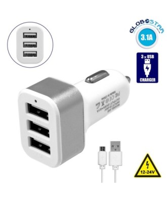 Globostar® 79501 Ασημί Φορτιστής Αυτοκινήτου DC 12-24V με 3 Εξόδους USB DC 5V Max 3.1A 20W και Καλώδιο USB σε Type-C